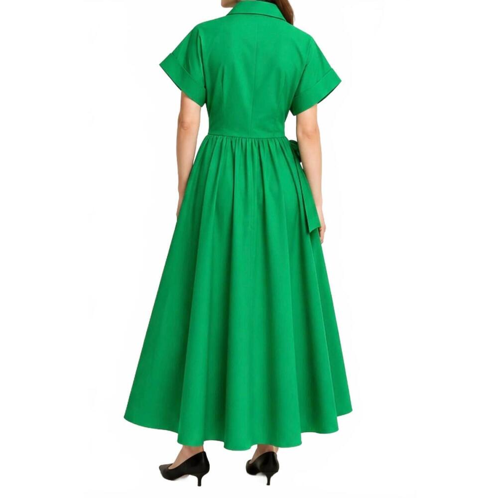 NEW FLYING TOMATO tie waist bow cotton button front maxi shirt dress in emerald - Picture 3 of 3